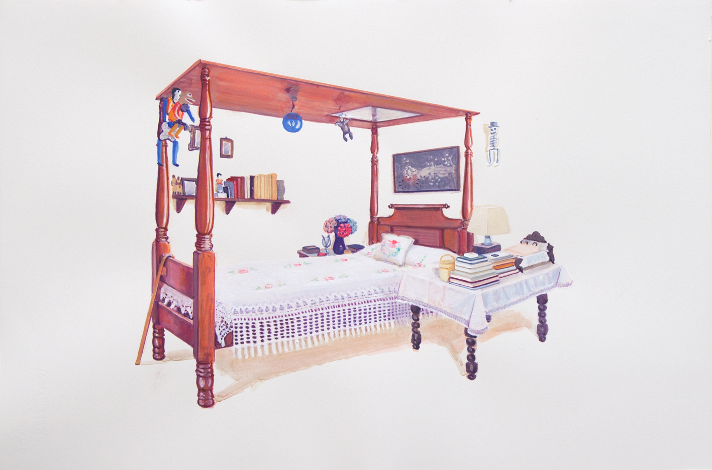 08.Frida Kahlo, cama con mesilla. 2022. Gouache/papel. 38 x 56 cm.