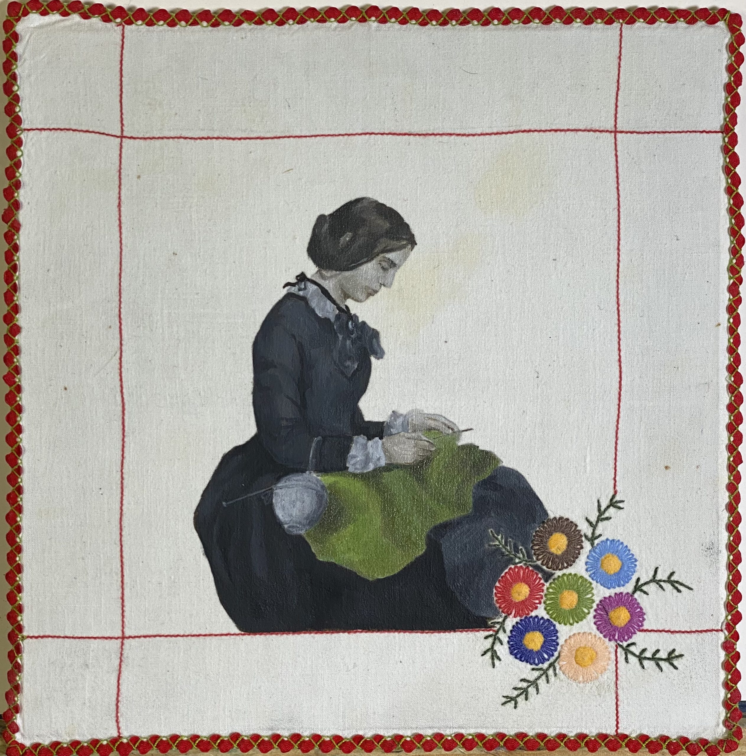 Isabel Gil. “Retrato de Mª Isabella Grant” - Autor original: Sir Francis Grant. Óleo en servilleta bordada por Ángeles Melgar - Donación de Esther Gutiérrez Sánchez.