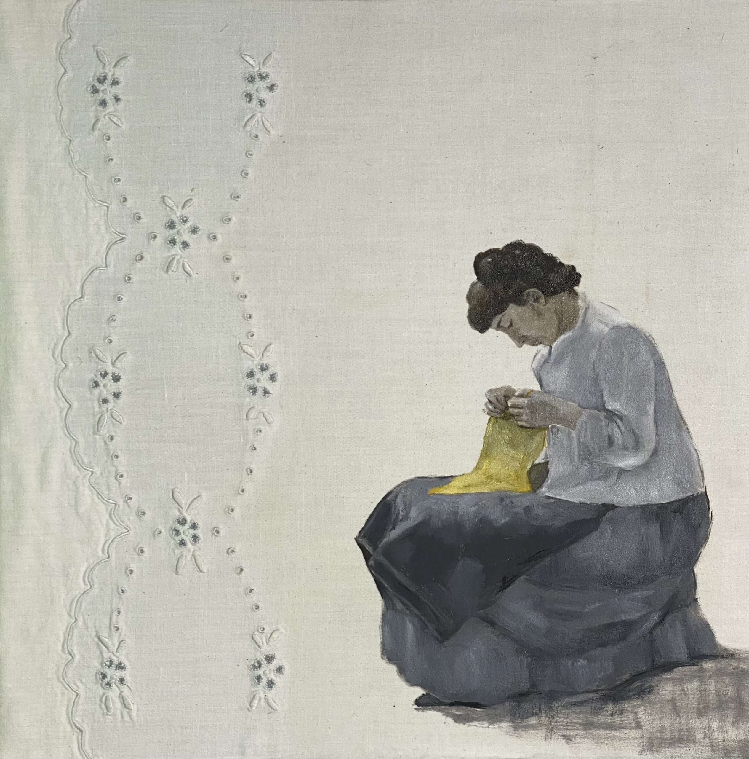 Isabel Gil. “Seamstress” - Autor original: Ferdinand Hodler. Óleo en sábanas bordadas por Ángeles Melgar - Donación de Esther Gutiérrez Sánchez.