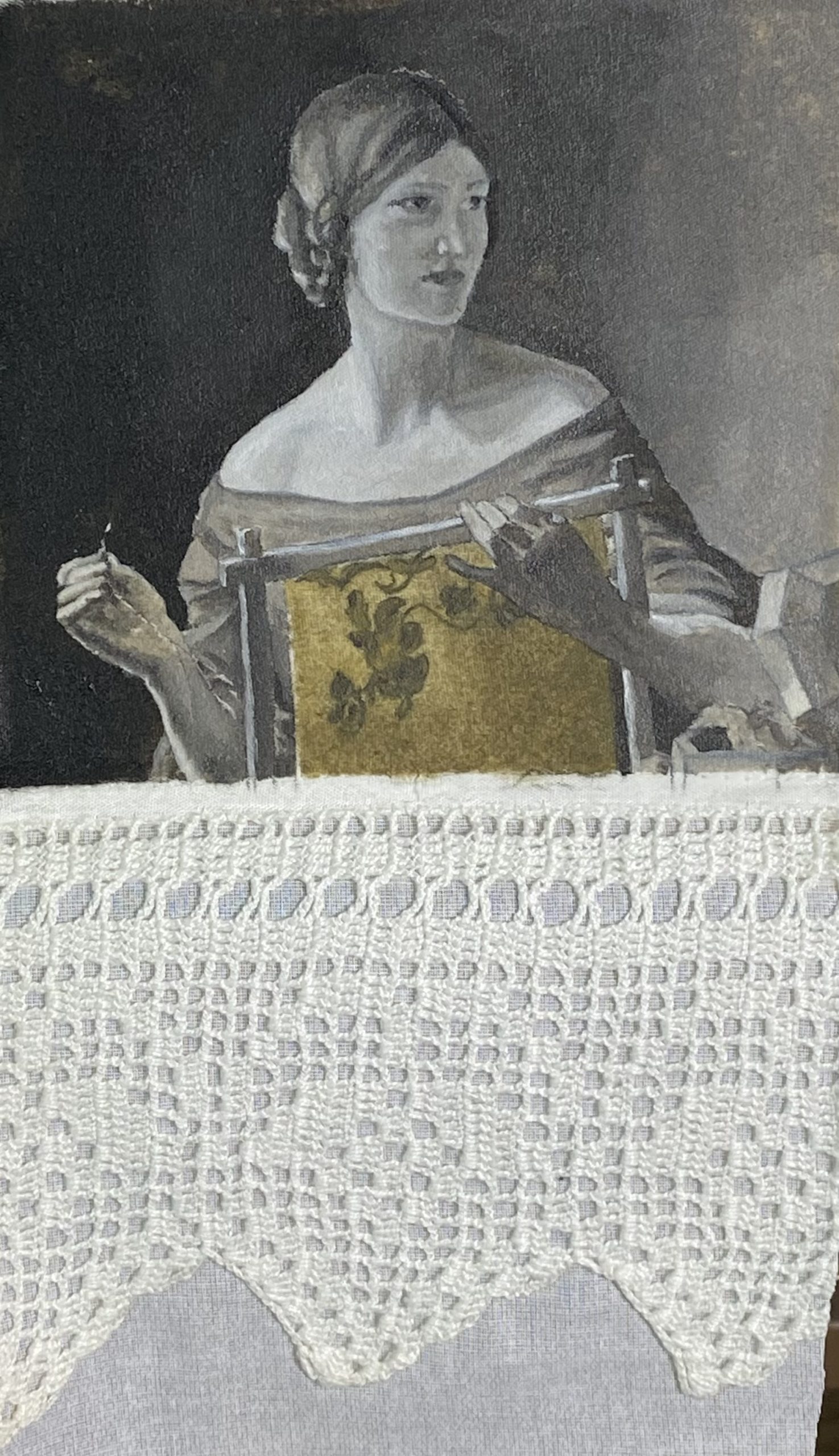 Isabel Gil. “Priscilla” - Autor original: Leonard Campbell Taylor. Óleo en puntillas de ganchillo realizadas por Mónica Calderón - Donación de Esther Gutiérrez Sánchez.