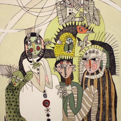 Emily Wilcock Ladybird Cheeks, 2023 Óleo, acrílico y bolígrafo sobre lienzo 66 x 97 cm.