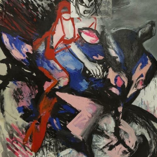 Aida Rivero. Daytona 500, 2021. Acrílico, óleo, spray, ceras, carboncillo, papel, barniz 160 x124 cm.